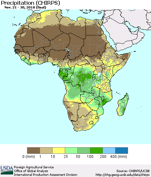 Africa Precipitation (CHIRPS) Thematic Map For 11/21/2018 - 11/30/2018