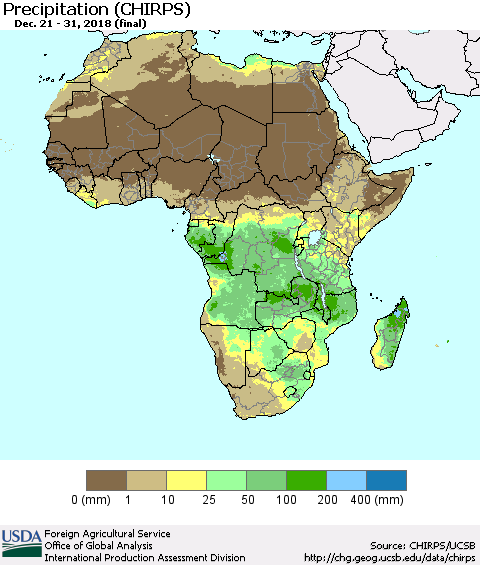 Africa Precipitation (CHIRPS) Thematic Map For 12/21/2018 - 12/31/2018