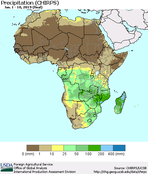 Africa Precipitation (CHIRPS) Thematic Map For 1/1/2019 - 1/10/2019