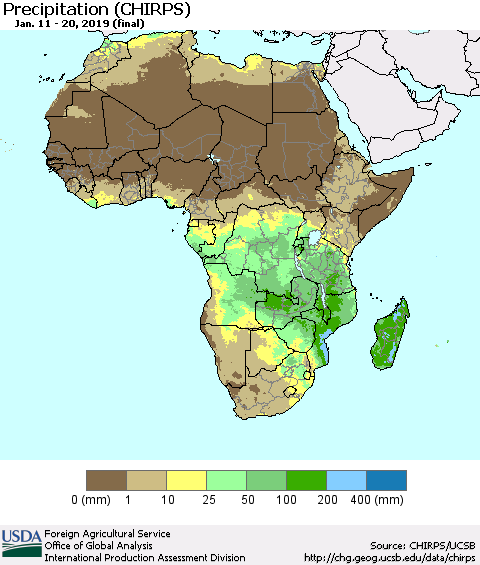 Africa Precipitation (CHIRPS) Thematic Map For 1/11/2019 - 1/20/2019