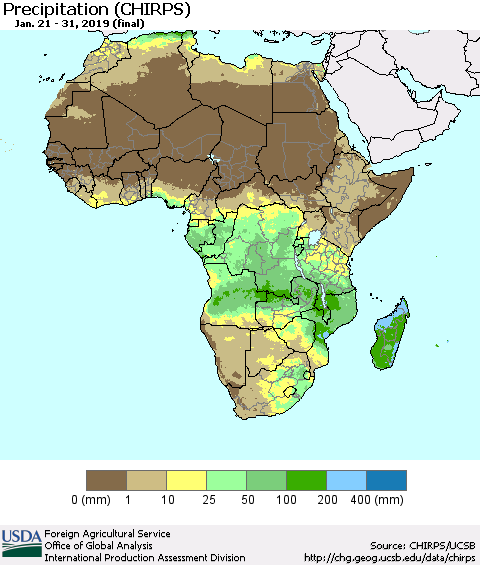 Africa Precipitation (CHIRPS) Thematic Map For 1/21/2019 - 1/31/2019