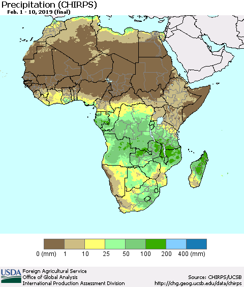 Africa Precipitation (CHIRPS) Thematic Map For 2/1/2019 - 2/10/2019