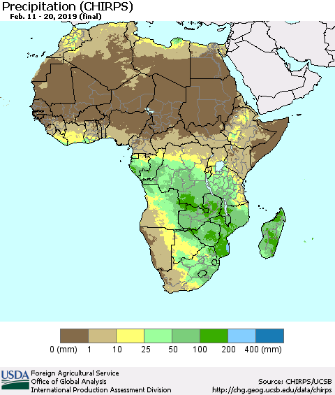 Africa Precipitation (CHIRPS) Thematic Map For 2/11/2019 - 2/20/2019