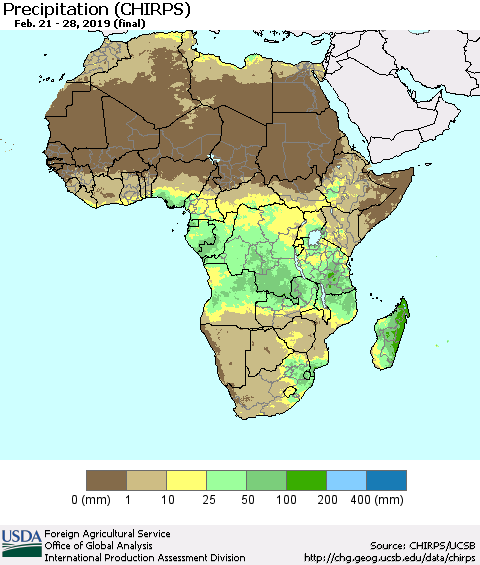 Africa Precipitation (CHIRPS) Thematic Map For 2/21/2019 - 2/28/2019