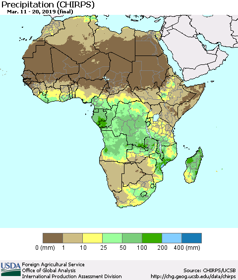 Africa Precipitation (CHIRPS) Thematic Map For 3/11/2019 - 3/20/2019