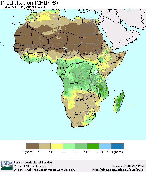Africa Precipitation (CHIRPS) Thematic Map For 3/21/2019 - 3/31/2019