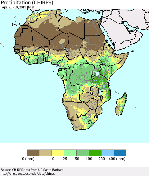 Africa Precipitation (CHIRPS) Thematic Map For 4/21/2019 - 4/30/2019