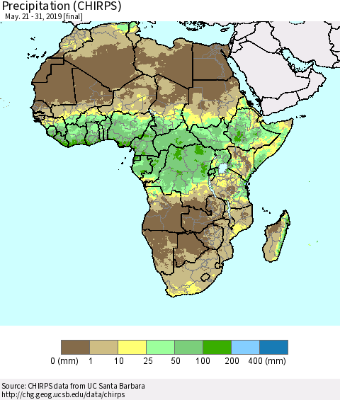 Africa Precipitation (CHIRPS) Thematic Map For 5/21/2019 - 5/31/2019