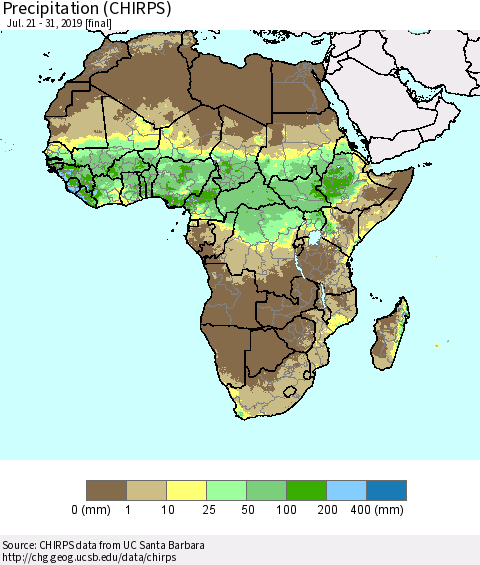 Africa Precipitation (CHIRPS) Thematic Map For 7/21/2019 - 7/31/2019