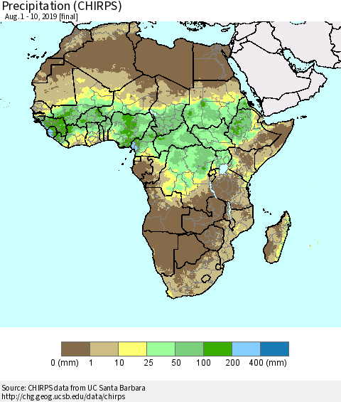 Africa Precipitation (CHIRPS) Thematic Map For 8/1/2019 - 8/10/2019
