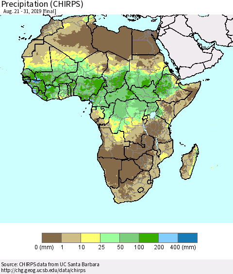 Africa Precipitation (CHIRPS) Thematic Map For 8/21/2019 - 8/31/2019