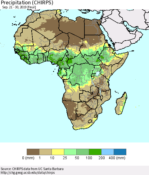 Africa Precipitation (CHIRPS) Thematic Map For 9/21/2019 - 9/30/2019
