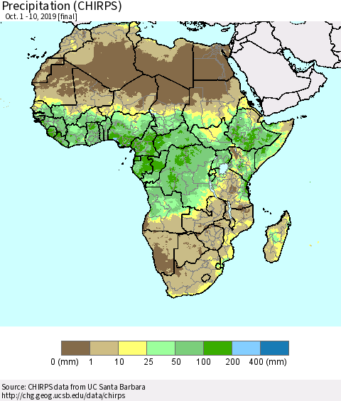 Africa Precipitation (CHIRPS) Thematic Map For 10/1/2019 - 10/10/2019