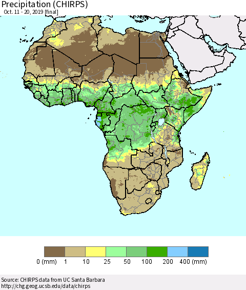 Africa Precipitation (CHIRPS) Thematic Map For 10/11/2019 - 10/20/2019