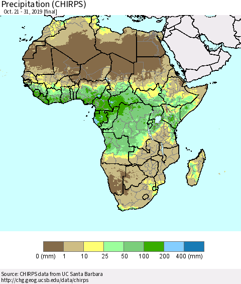 Africa Precipitation (CHIRPS) Thematic Map For 10/21/2019 - 10/31/2019