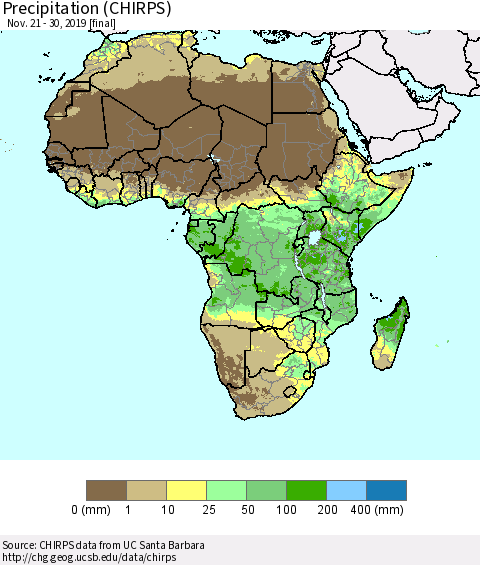 Africa Precipitation (CHIRPS) Thematic Map For 11/21/2019 - 11/30/2019