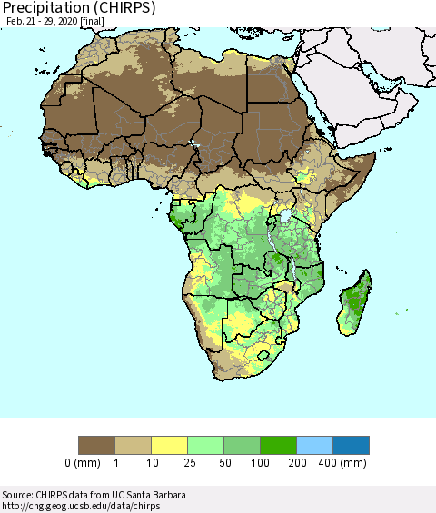 Africa Precipitation (CHIRPS) Thematic Map For 2/21/2020 - 2/29/2020