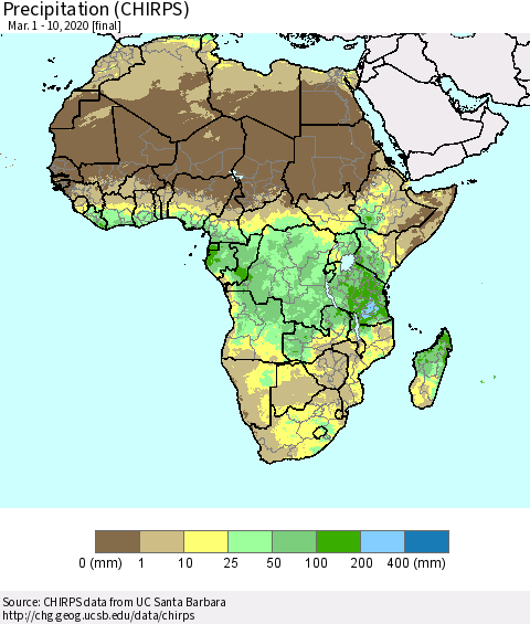 Africa Precipitation (CHIRPS) Thematic Map For 3/1/2020 - 3/10/2020