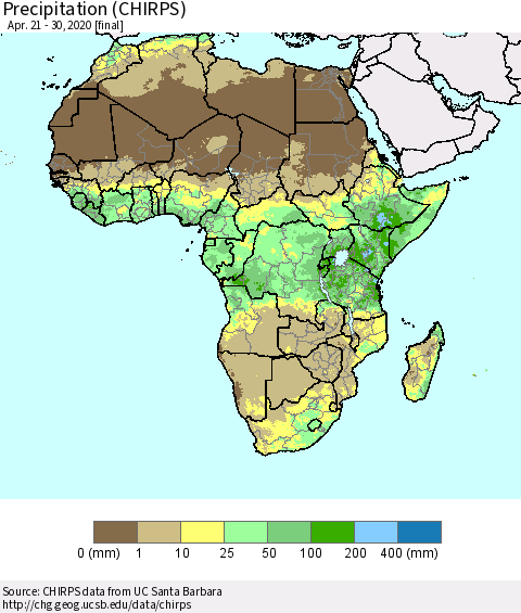 Africa Precipitation (CHIRPS) Thematic Map For 4/21/2020 - 4/30/2020