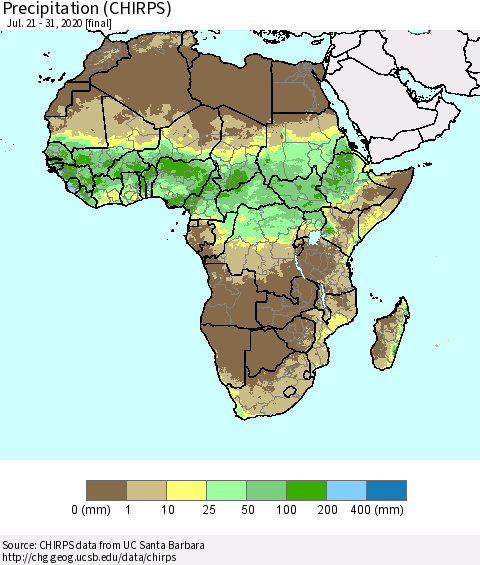 Africa Precipitation (CHIRPS) Thematic Map For 7/21/2020 - 7/31/2020