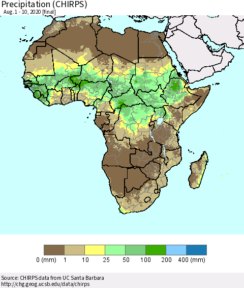 Africa Precipitation (CHIRPS) Thematic Map For 8/1/2020 - 8/10/2020