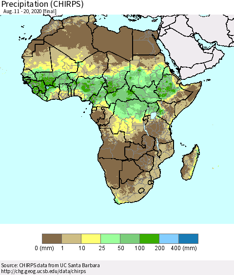 Africa Precipitation (CHIRPS) Thematic Map For 8/11/2020 - 8/20/2020