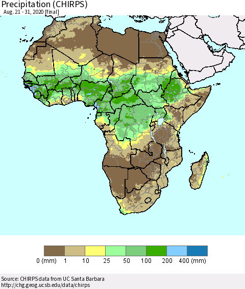 Africa Precipitation (CHIRPS) Thematic Map For 8/21/2020 - 8/31/2020