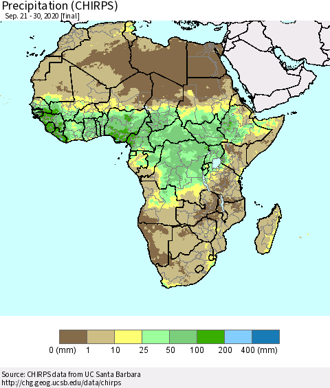 Africa Precipitation (CHIRPS) Thematic Map For 9/21/2020 - 9/30/2020
