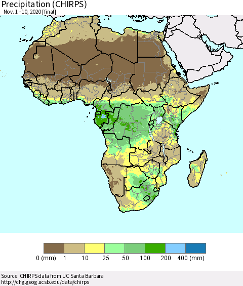 Africa Precipitation (CHIRPS) Thematic Map For 11/1/2020 - 11/10/2020