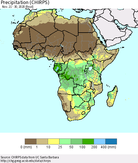 Africa Precipitation (CHIRPS) Thematic Map For 11/21/2020 - 11/30/2020