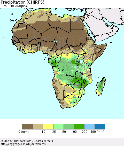 Africa Precipitation (CHIRPS) Thematic Map For 12/1/2020 - 12/10/2020