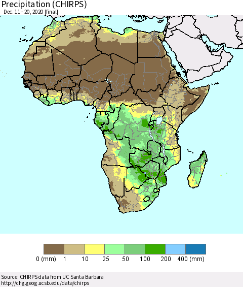 Africa Precipitation (CHIRPS) Thematic Map For 12/11/2020 - 12/20/2020