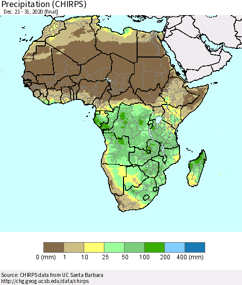 Africa Precipitation (CHIRPS) Thematic Map For 12/21/2020 - 12/31/2020