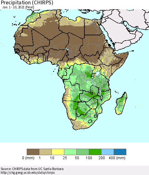 Africa Precipitation (CHIRPS) Thematic Map For 1/1/2021 - 1/10/2021