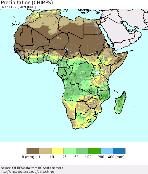 Africa Precipitation (CHIRPS) Thematic Map For 3/11/2021 - 3/20/2021