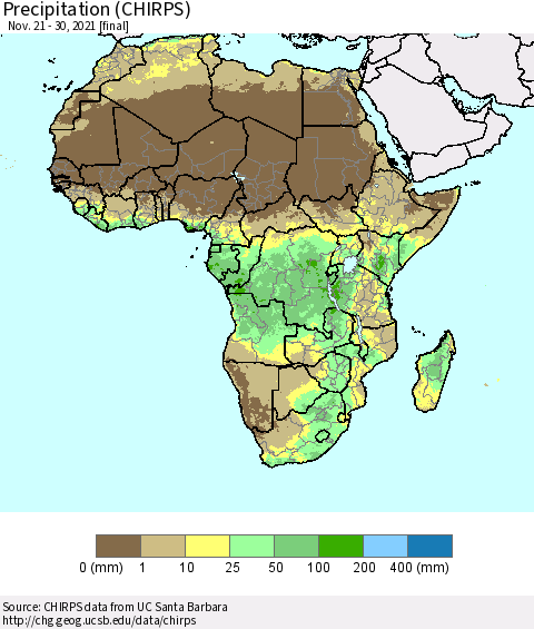 Africa Precipitation (CHIRPS) Thematic Map For 11/21/2021 - 11/30/2021
