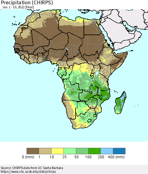 Africa Precipitation (CHIRPS) Thematic Map For 1/1/2022 - 1/10/2022