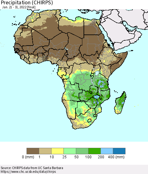 Africa Precipitation (CHIRPS) Thematic Map For 1/21/2022 - 1/31/2022