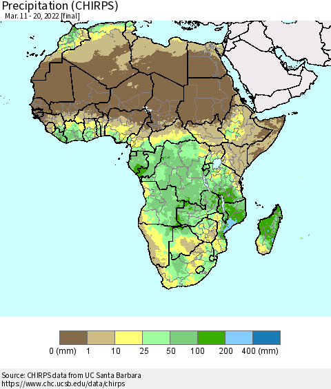 Africa Precipitation (CHIRPS) Thematic Map For 3/11/2022 - 3/20/2022