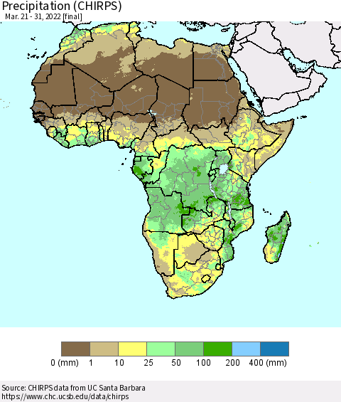 Africa Precipitation (CHIRPS) Thematic Map For 3/21/2022 - 3/31/2022