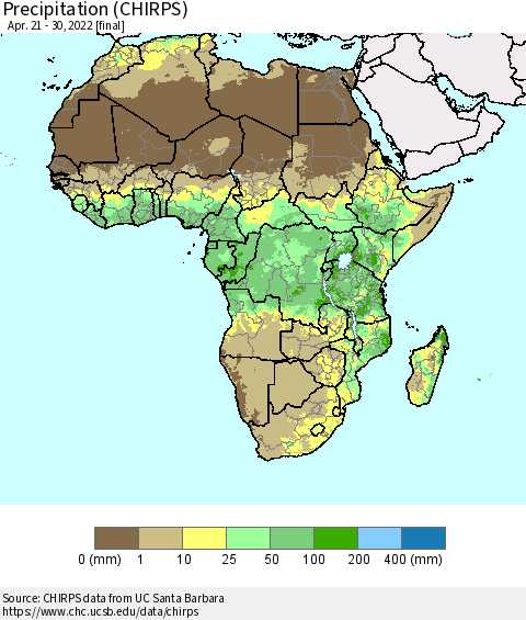 Africa Precipitation (CHIRPS) Thematic Map For 4/21/2022 - 4/30/2022