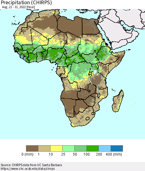 Africa Precipitation (CHIRPS) Thematic Map For 8/21/2022 - 8/31/2022