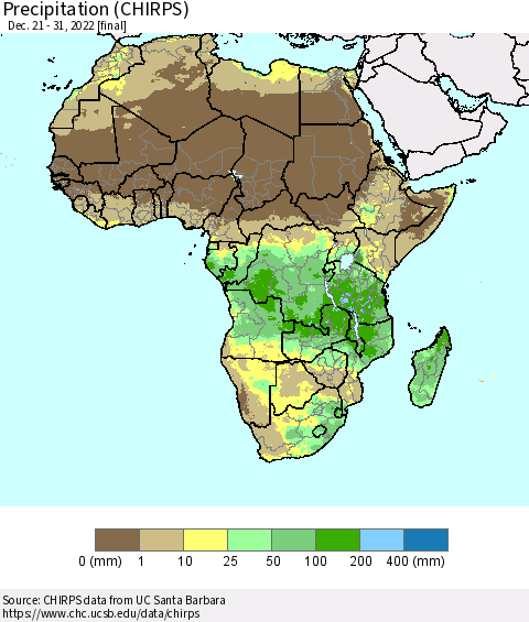 Africa Precipitation (CHIRPS) Thematic Map For 12/21/2022 - 12/31/2022