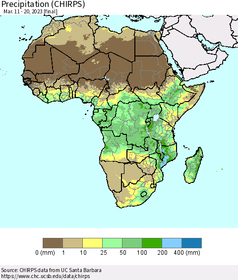 Africa Precipitation (CHIRPS) Thematic Map For 3/11/2023 - 3/20/2023
