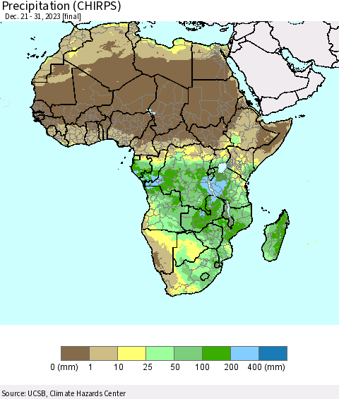 Africa Precipitation (CHIRPS) Thematic Map For 12/21/2023 - 12/31/2023