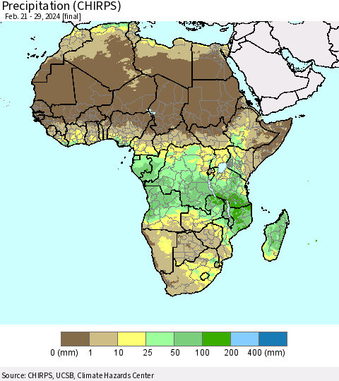 Africa Precipitation (CHIRPS) Thematic Map For 2/21/2024 - 2/29/2024