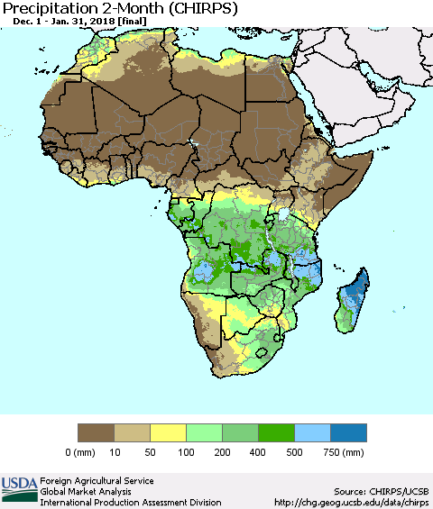 Africa Precipitation 2-Month (CHIRPS) Thematic Map For 12/1/2017 - 1/31/2018