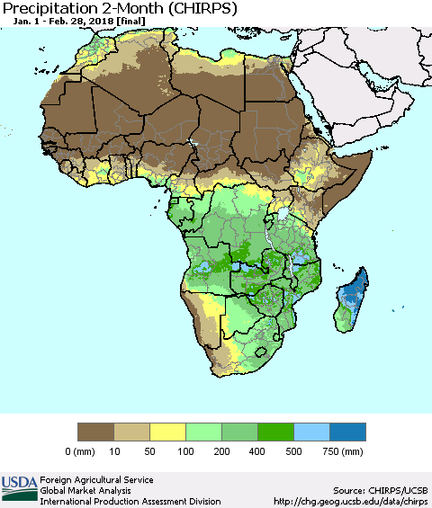 Africa Precipitation 2-Month (CHIRPS) Thematic Map For 1/1/2018 - 2/28/2018