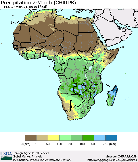 Africa Precipitation 2-Month (CHIRPS) Thematic Map For 2/1/2018 - 3/31/2018