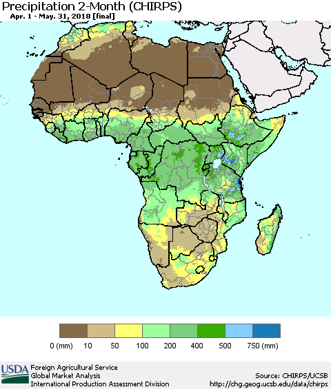 Africa Precipitation 2-Month (CHIRPS) Thematic Map For 4/1/2018 - 5/31/2018